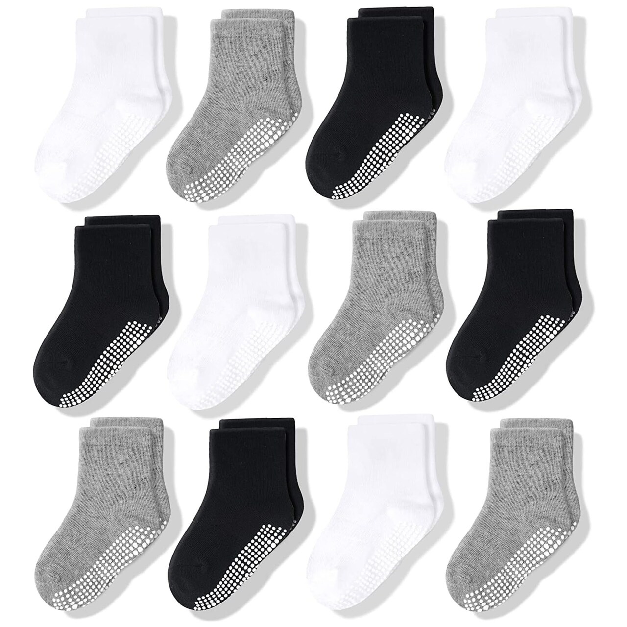CozyWay Non-Slip Crew Grip Toddler Socks, 12 Pack for Boys & Girls, Black/White/Gray, 3-5 Years Old